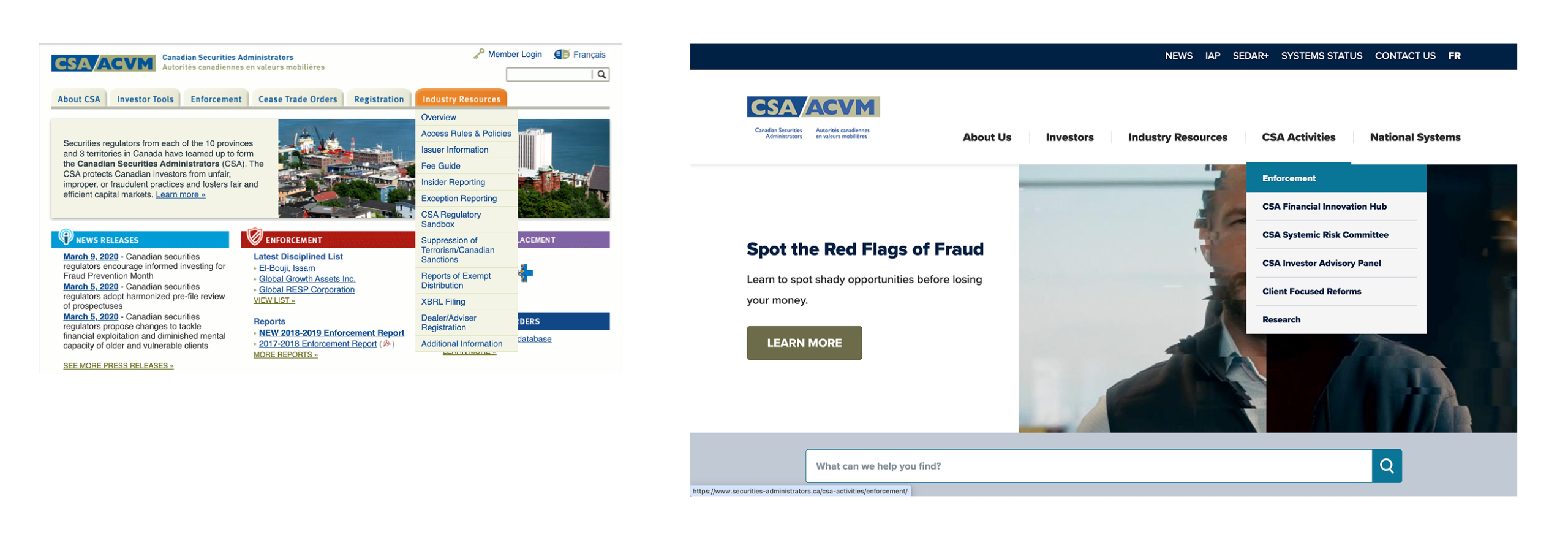 CSA homepage before and after screenshots